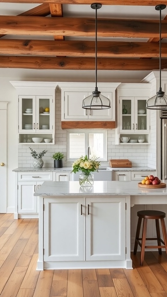 A contemporary farmhouse kitchen with built-in cabinets and wooden beams.