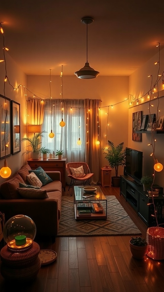 A small living room decorated with string lights, creating a warm and inviting atmosphere.