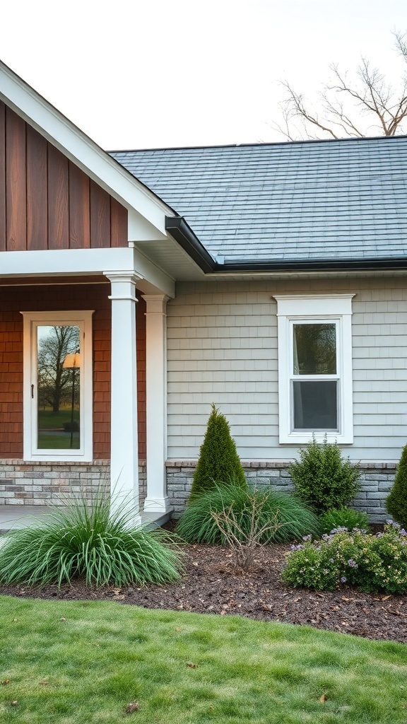 Close-up of a modern farmhouse exterior showcasing wood, stone, and siding textures.