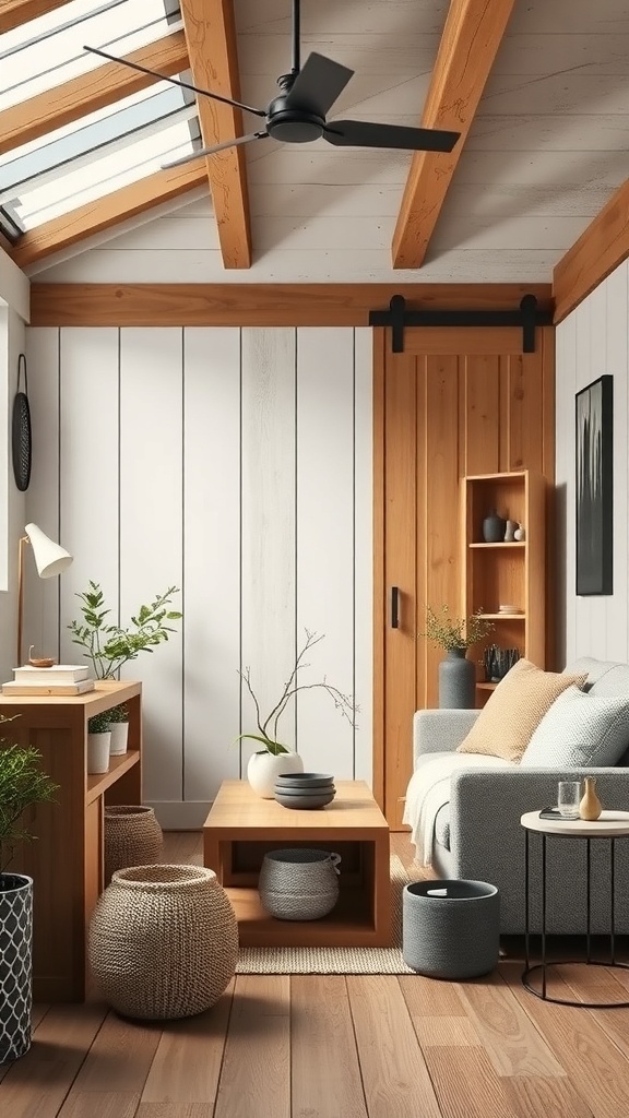 A modern farmhouse interior featuring wooden beams, a gray sofa, and woven baskets.
