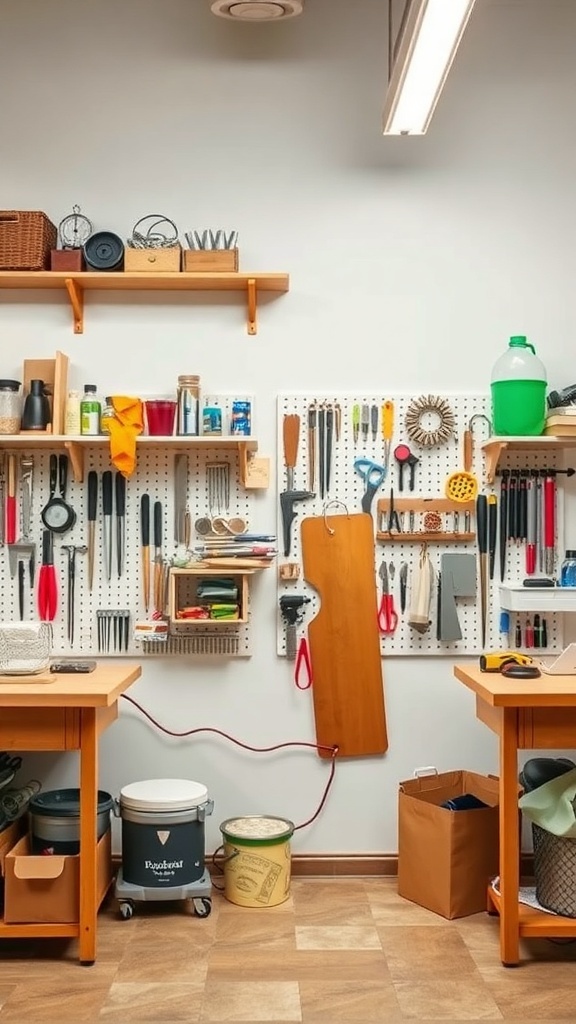 A small craft room with wall-mounted shelves and pegboards for organizing tools and supplies.