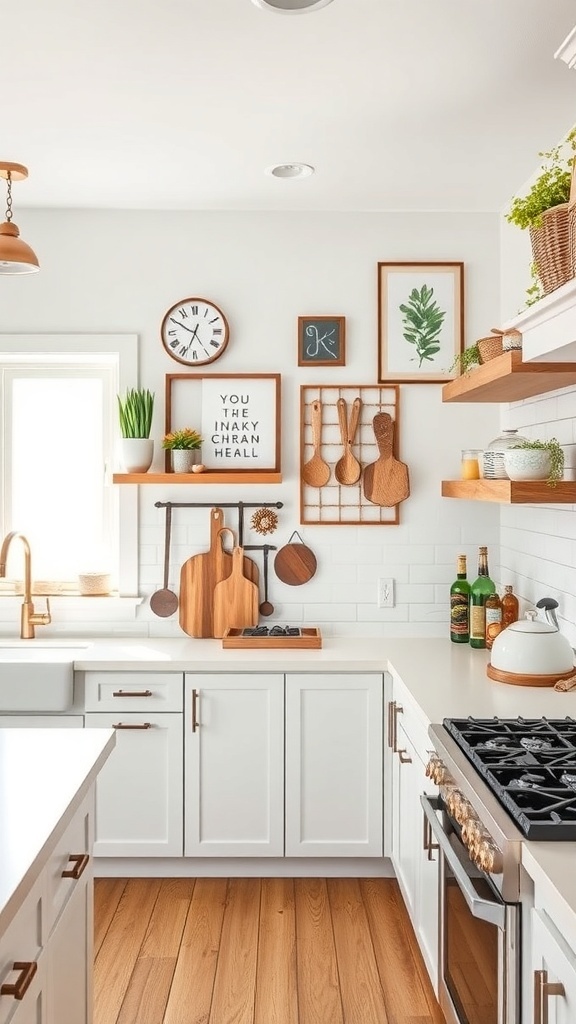 A modern farmhouse kitchen with wooden utensils and framed art on the wall.