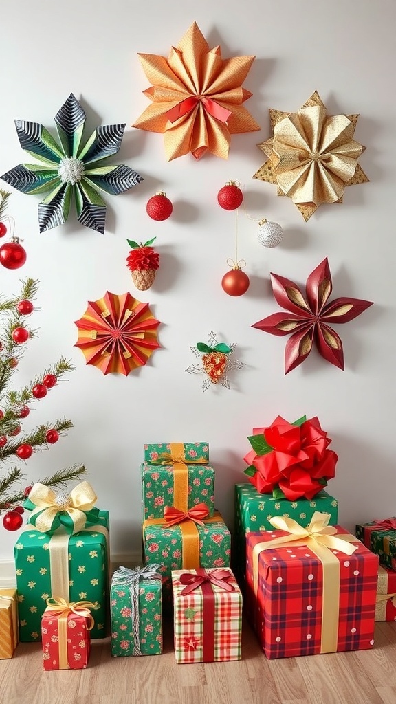 Colorful Christmas wrapping paper decorations on a wall with presents below.