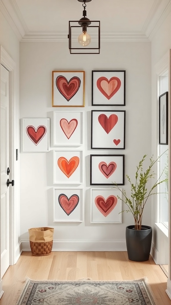 Valentine's Day heart-themed art display in an entryway.