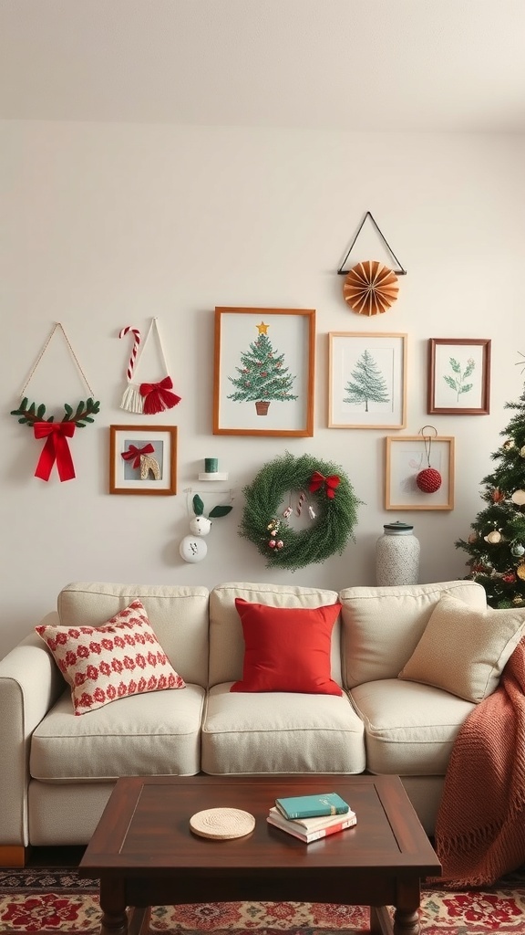 A cozy living room decorated for Christmas with wall art, wreaths, and festive hangings.