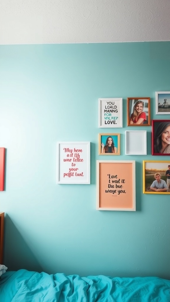 A colorful wall art display in a dorm room featuring framed quotes and photos.