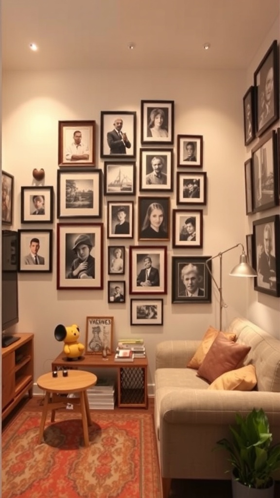 A cozy living room with a gallery wall of framed black and white photos and a small sofa.