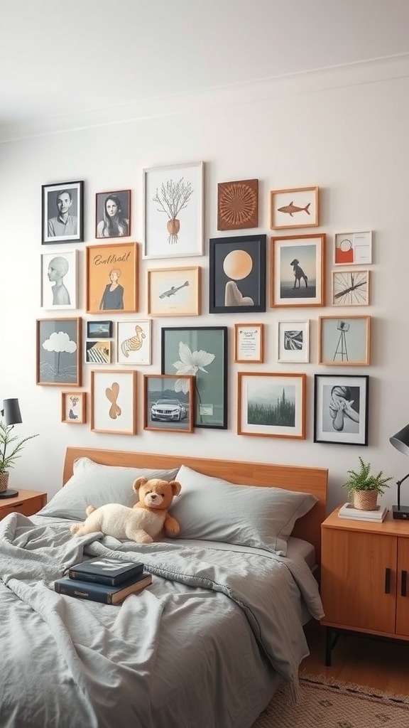 A creative gallery wall display featuring various framed artworks above a cozy bed.