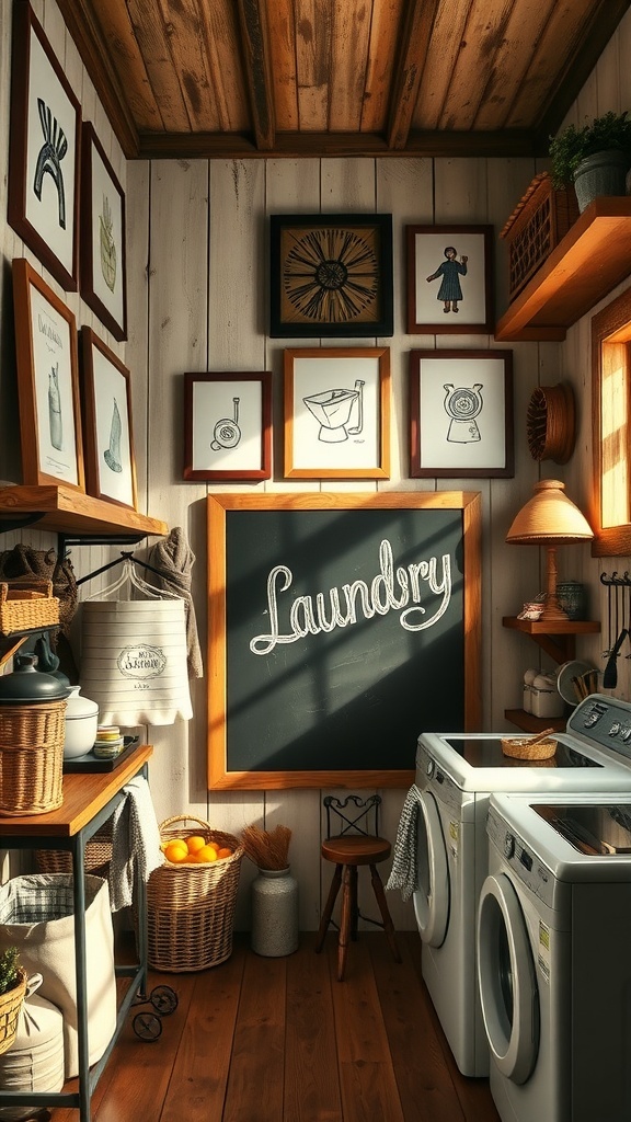 Rustic laundry room with vintage wall art and a chalkboard.