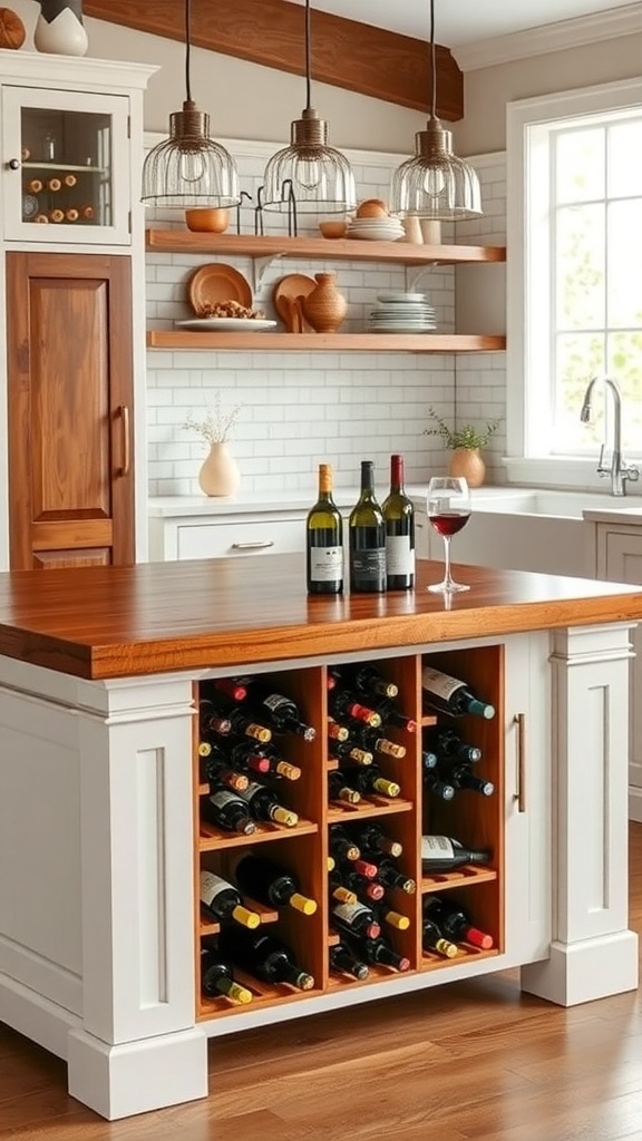 Farmhouse kitchen island with creative wine storage