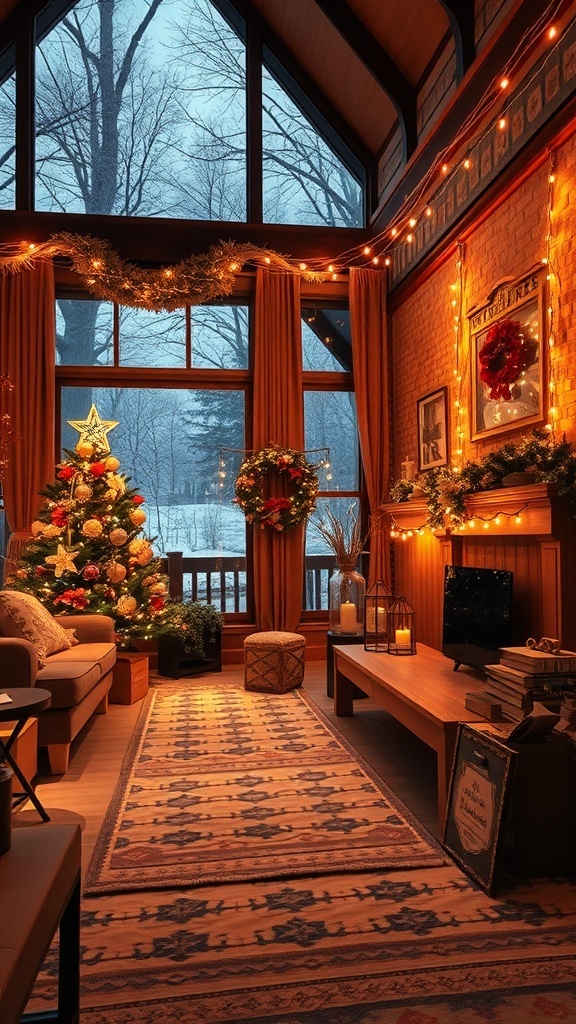 Cozy winter living room with a Christmas tree, string lights, and warm decor.