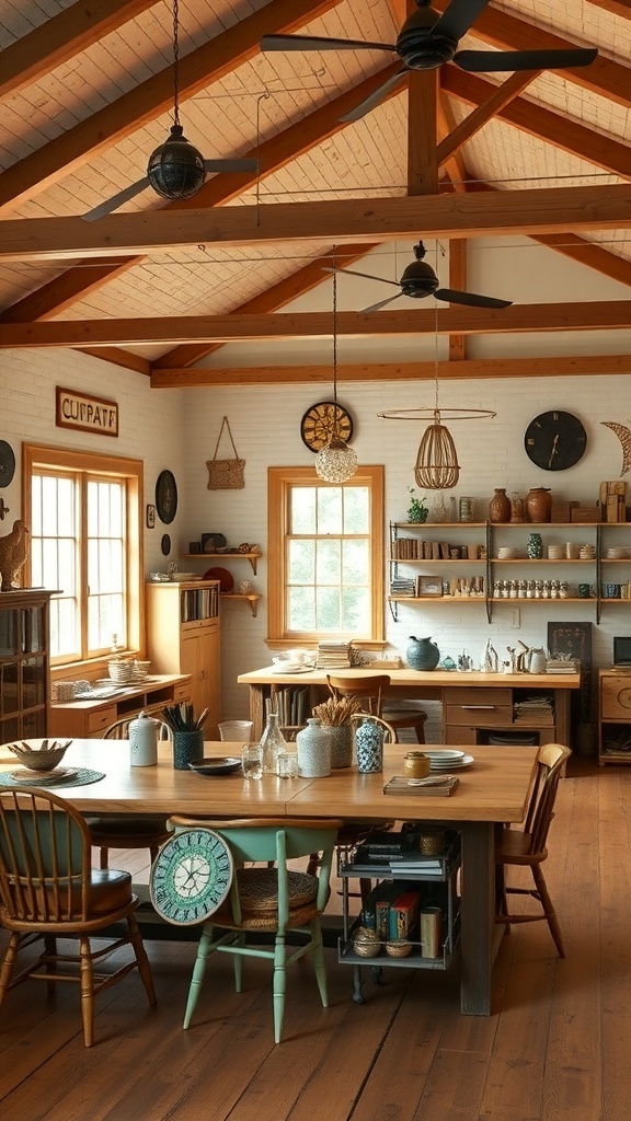 A vintage craft room with wooden tables, shelves, and a bright window.