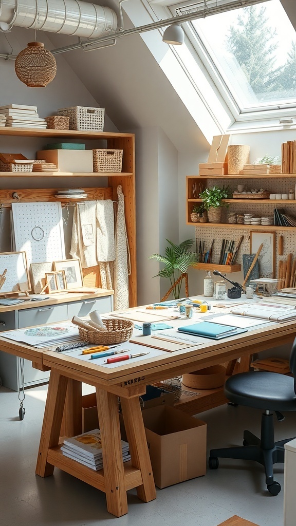 A well-organized craft room with a spacious table, shelves, and natural light.