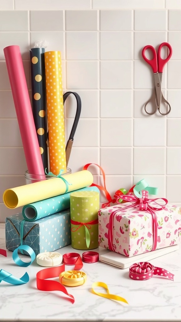 A creative wrapping station with colorful wrapping paper, ribbons, and scissors on a countertop.