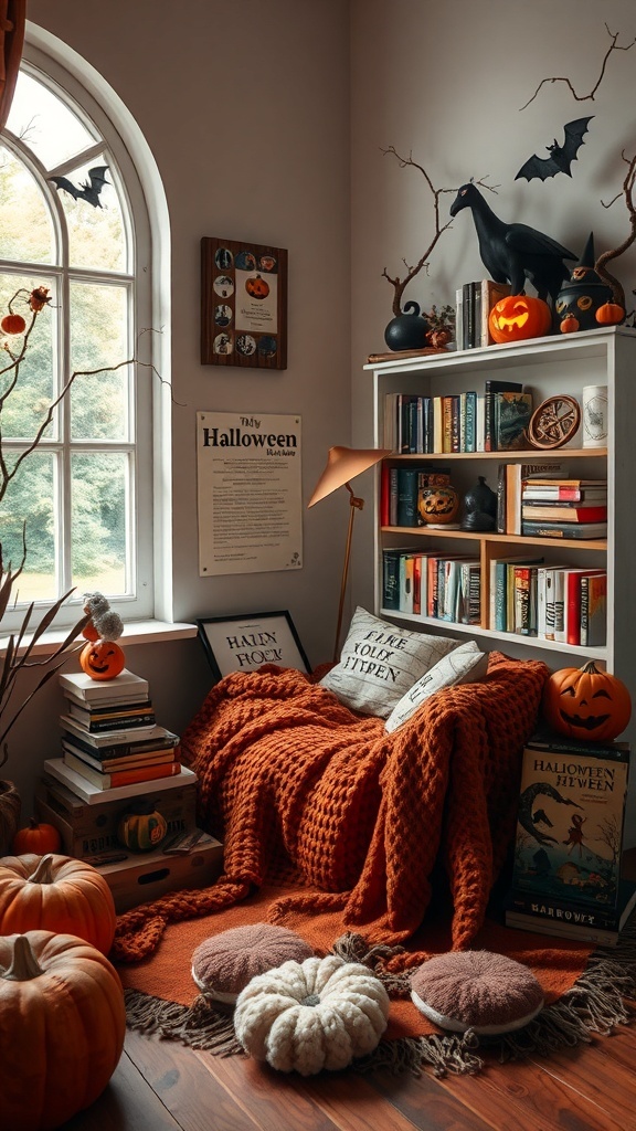 A cozy Halloween-themed book nook with an orange blanket, pumpkins, and spooky decorations.
