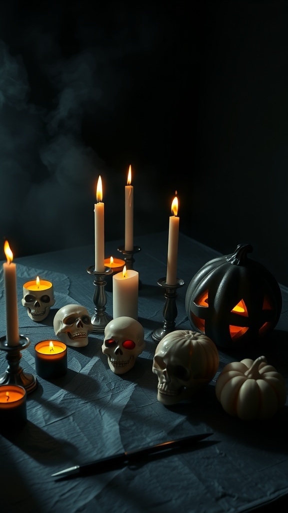 A spooky Halloween candle arrangement featuring skulls, candles, and a carved pumpkin.