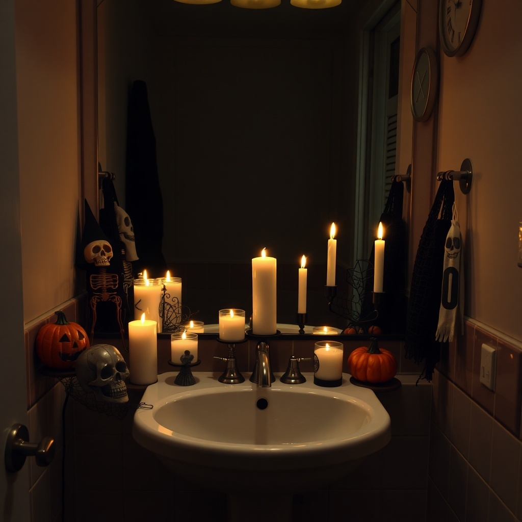 A dimly lit bathroom with various candles, a pumpkin, and Halloween decorations creating a spooky atmosphere.