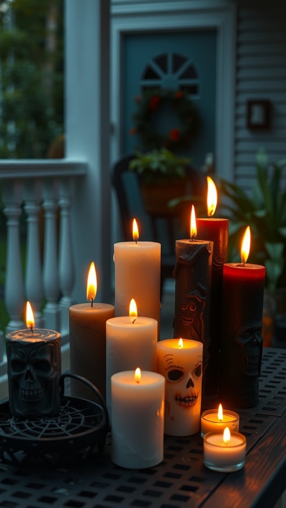 A collection of candles in various shapes and colors, including skull designs, arranged on a table with flickering flames, creating a spooky Halloween atmosphere.