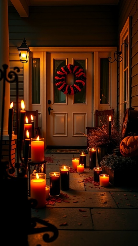 A Halloween-themed front porch with various candles, a pumpkin, and a decorative wreath.
