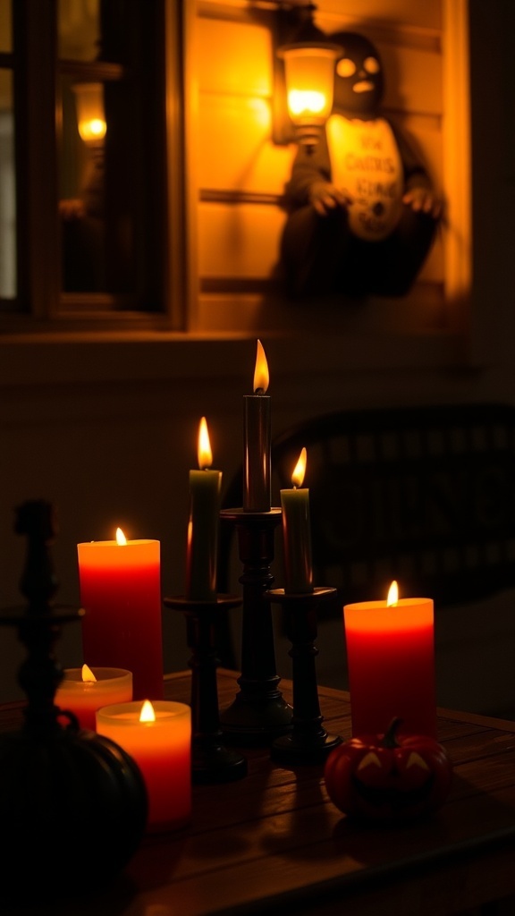 A spooky Halloween candle arrangement with red and green candles, a black pumpkin, and a decorative figure.