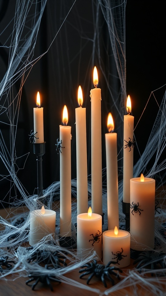 A spooky Halloween candle arrangement with various candles, spider decorations, and cobwebs.