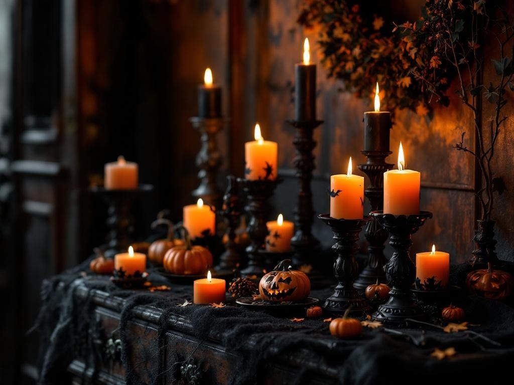 A Halloween entry table with creepy candle arrangements, featuring black and orange candles, pumpkins, and spider web accents.