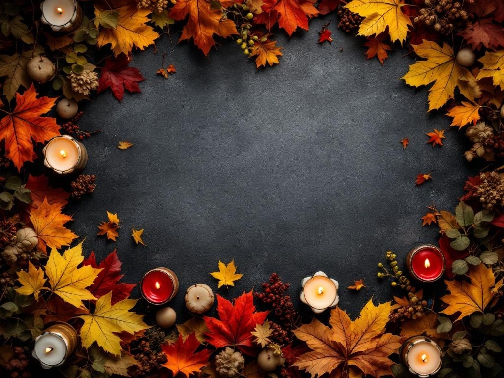 Candle arrangements surrounded by autumn leaves for Halloween decor