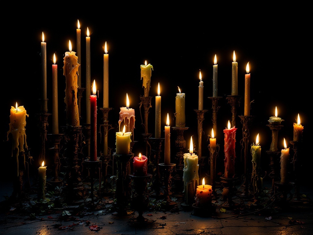 A collection of candles in various heights and colors, flickering softly in the dark, creating a spooky atmosphere.