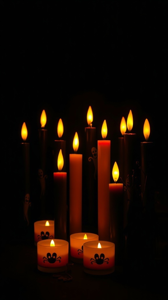 A collection of Halloween-themed candles with ghost and spider designs, glowing in the dark.