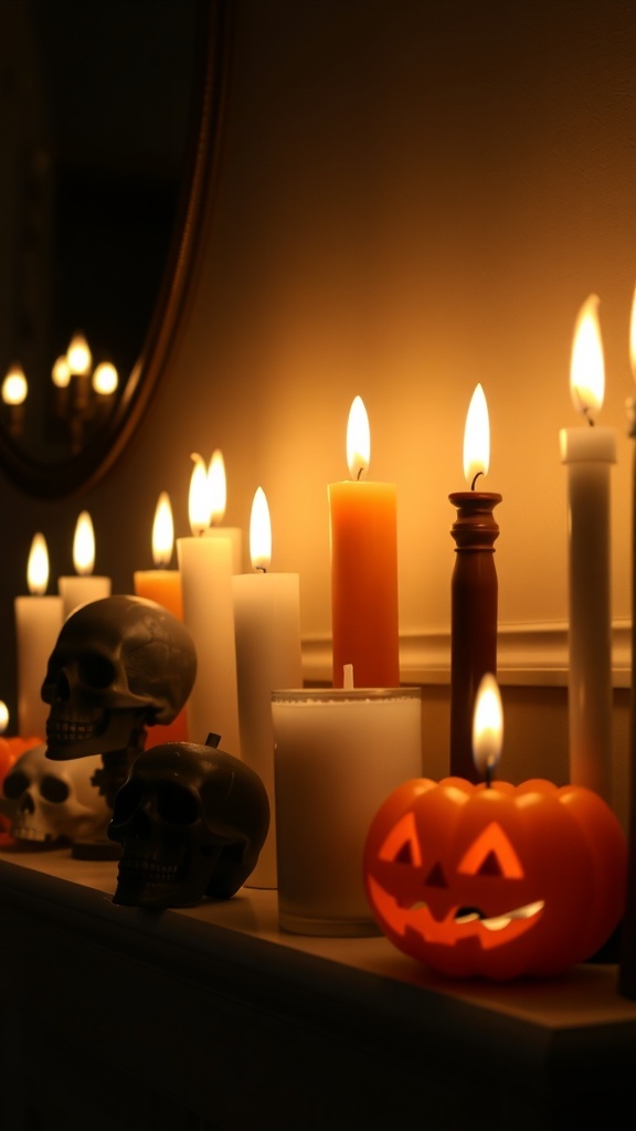 A spooky Halloween candle display featuring various candles, skull decorations, and a carved pumpkin.