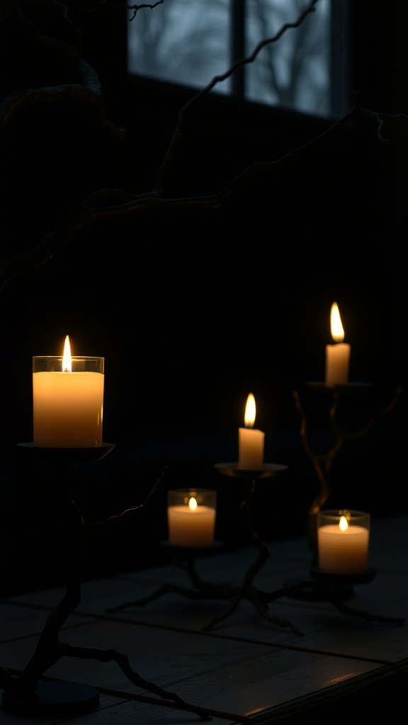 Creepy candle holders with flickering candles in a dark setting