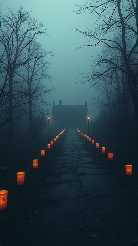 A dark pathway illuminated by orange candles, leading to a mysterious house in the fog.