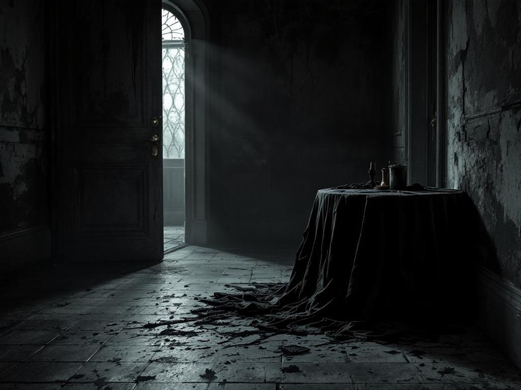 A dimly lit room with a table covered in black cloth, creating a spooky atmosphere.