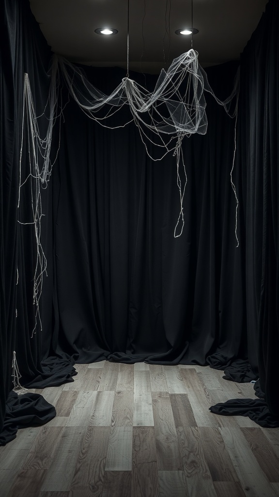 A dark room with black drapes and cobwebs hanging from the ceiling, creating a spooky Halloween atmosphere.