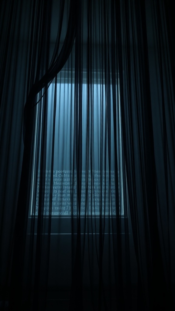 Dark flowing fabric drapes creating an eerie atmosphere in a room.