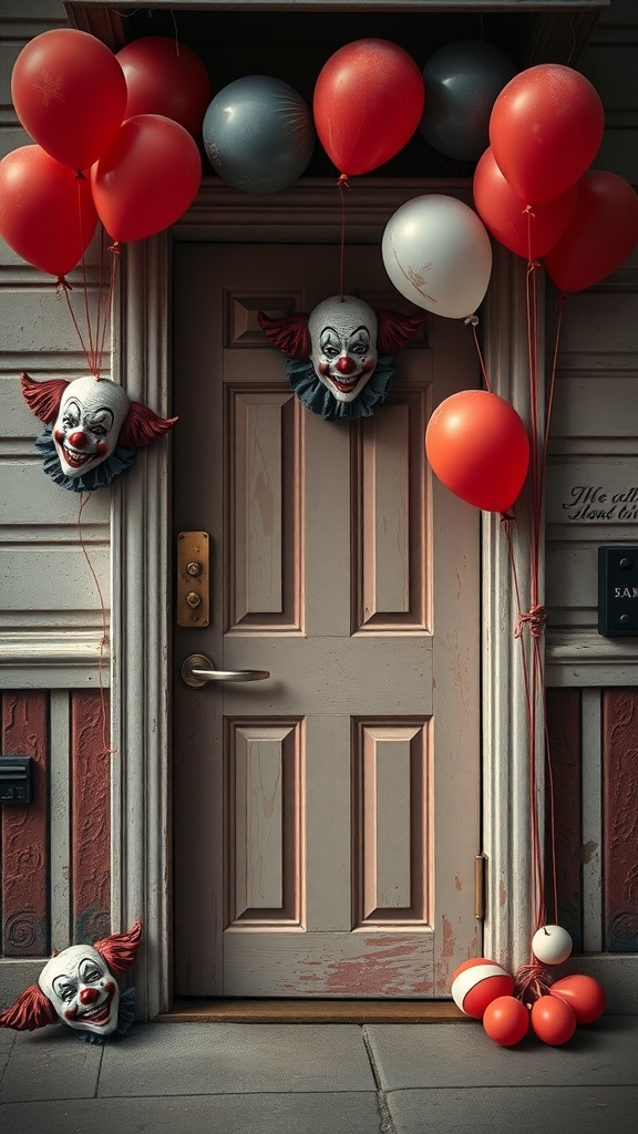 A door decorated with clown masks and red and gray balloons for Halloween.