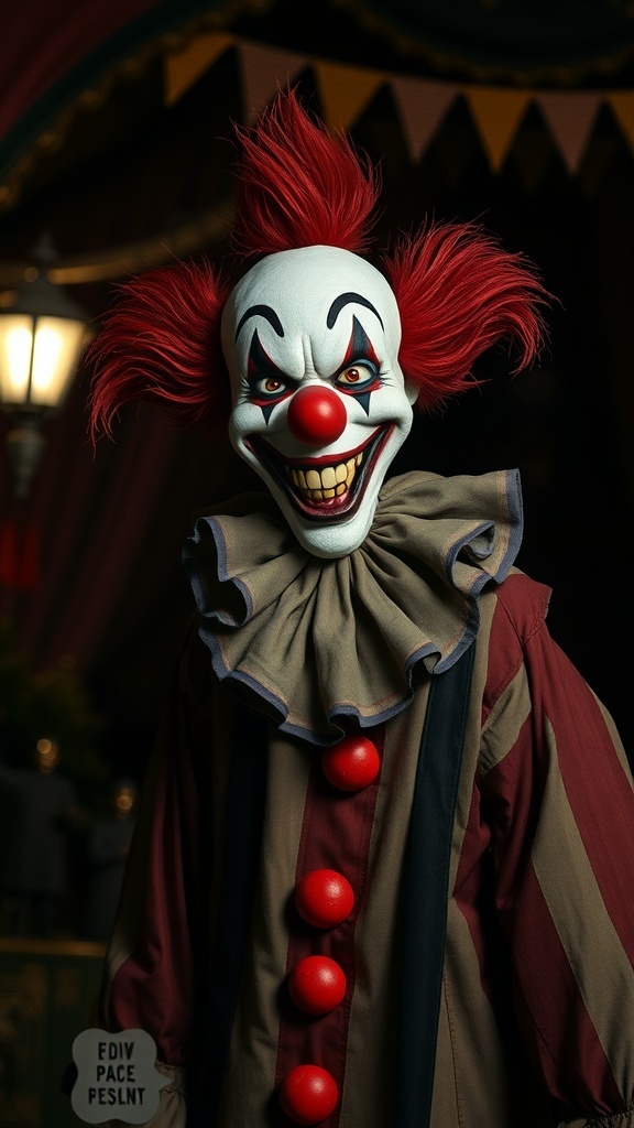 A creepy clown figure with wild red hair and a sinister grin, wearing a ruffled collar and colorful outfit.