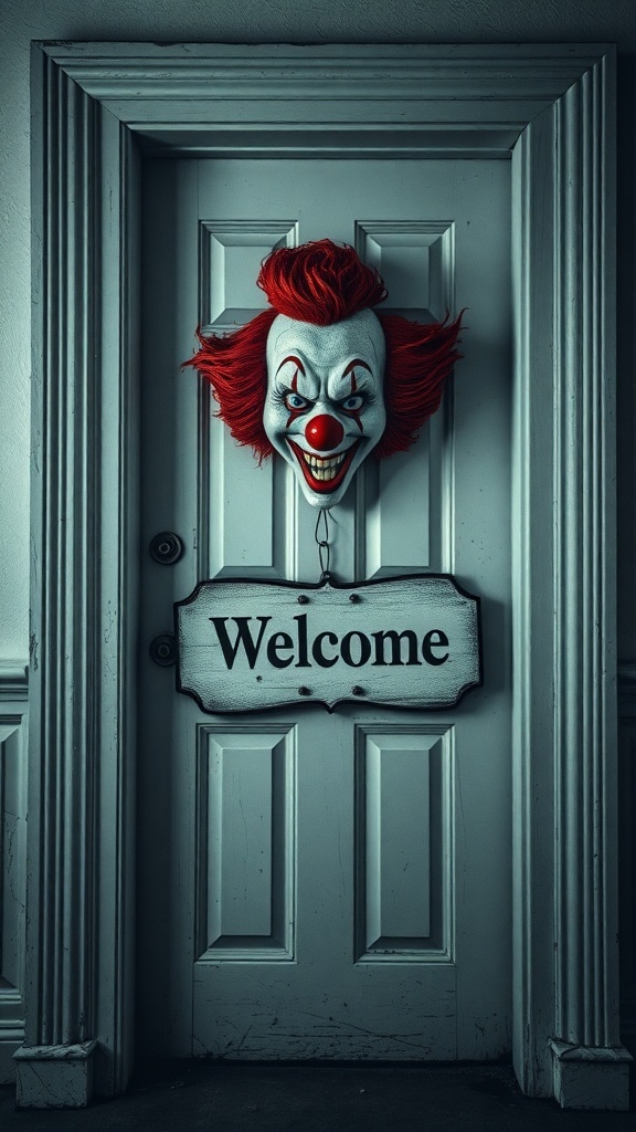 A creepy clown mask with red hair hanging on a door with a welcome sign