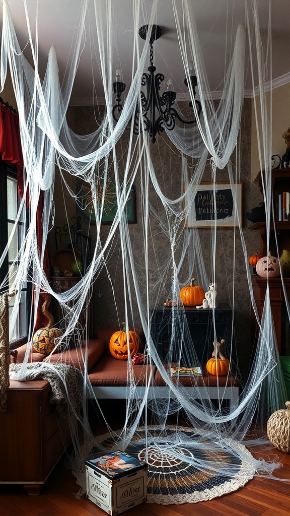 A cozy room decorated with white cobwebs, pumpkins, and a chandelier, creating a spooky Halloween atmosphere.