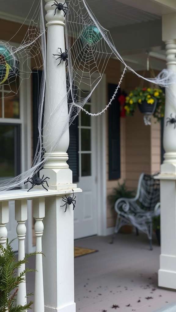 A Halloween-themed porch decorated with fake cobwebs and plastic spiders.