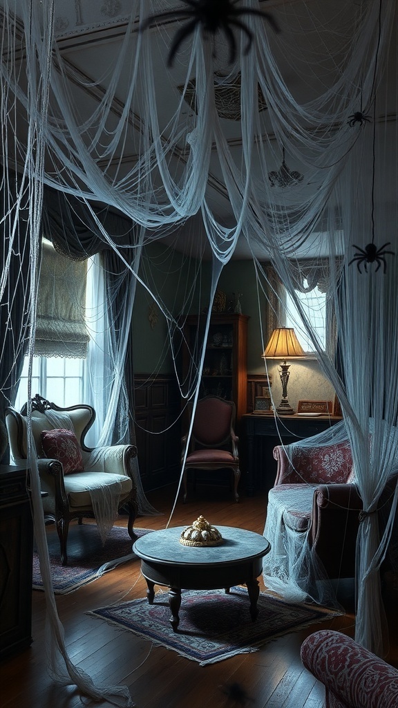 A spooky room decorated with cobwebs and spiders for Halloween.