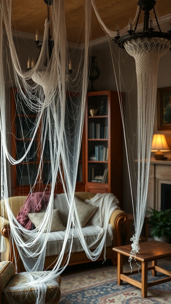 Living room decorated with creepy cobwebs hanging from the chandelier