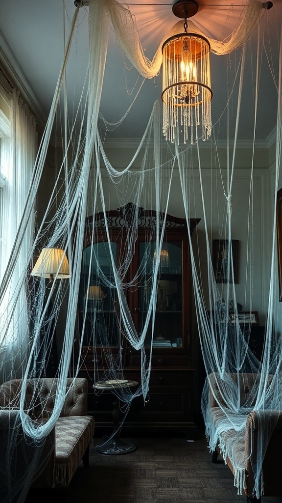 A room decorated with creepy cobwebs hanging from the ceiling and a warm lamp light.