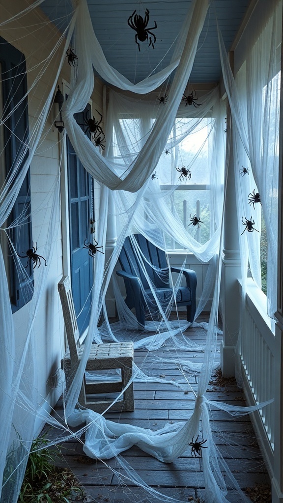 A spooky porch decorated with cobwebs and plastic spiders for Halloween.