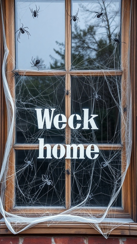 Halloween window display with cobwebs and plastic spiders