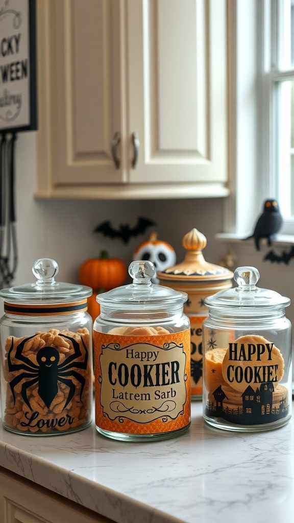 A collection of Halloween-themed cookie jars on a kitchen counter, featuring designs with spiders, pumpkins, and haunted houses.