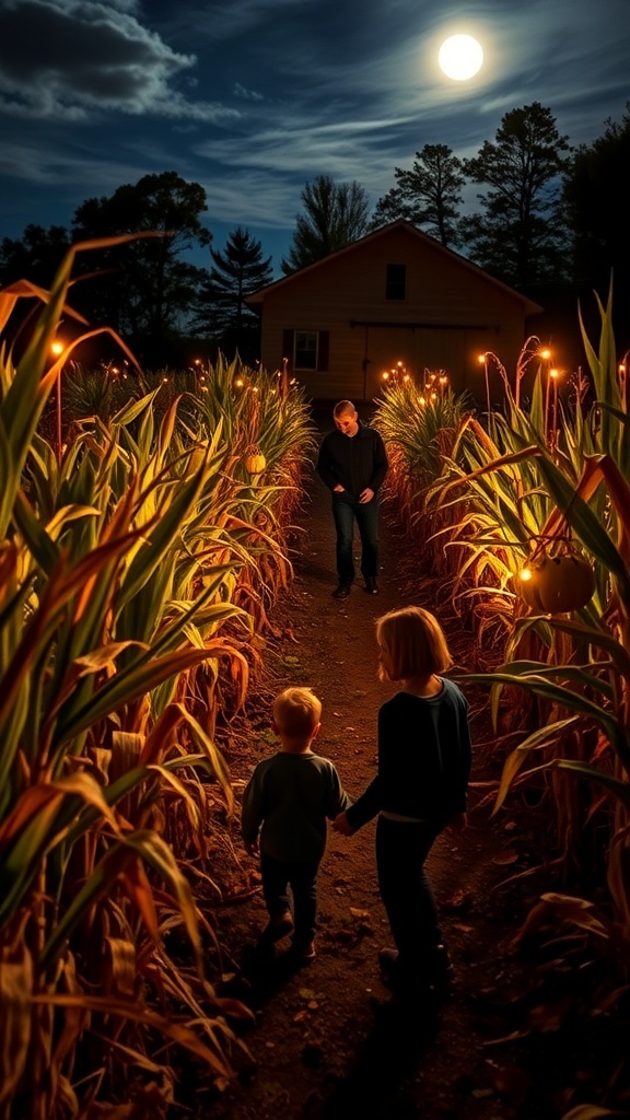 A family exploring a corn maze at night, illuminated by pumpkins and a full moon.