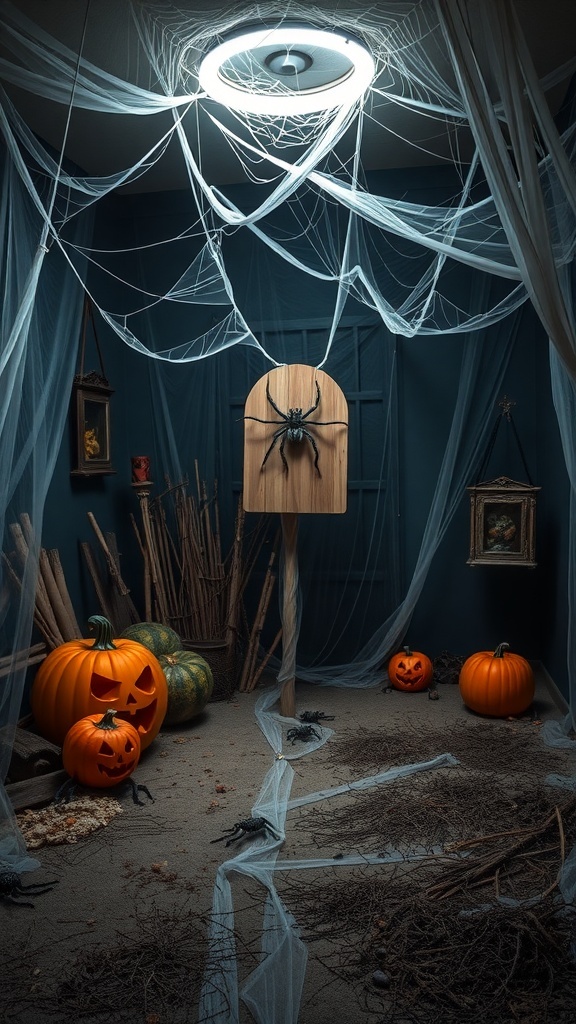 A spooky Halloween room decorated with spider webs, pumpkins, and a large spider.