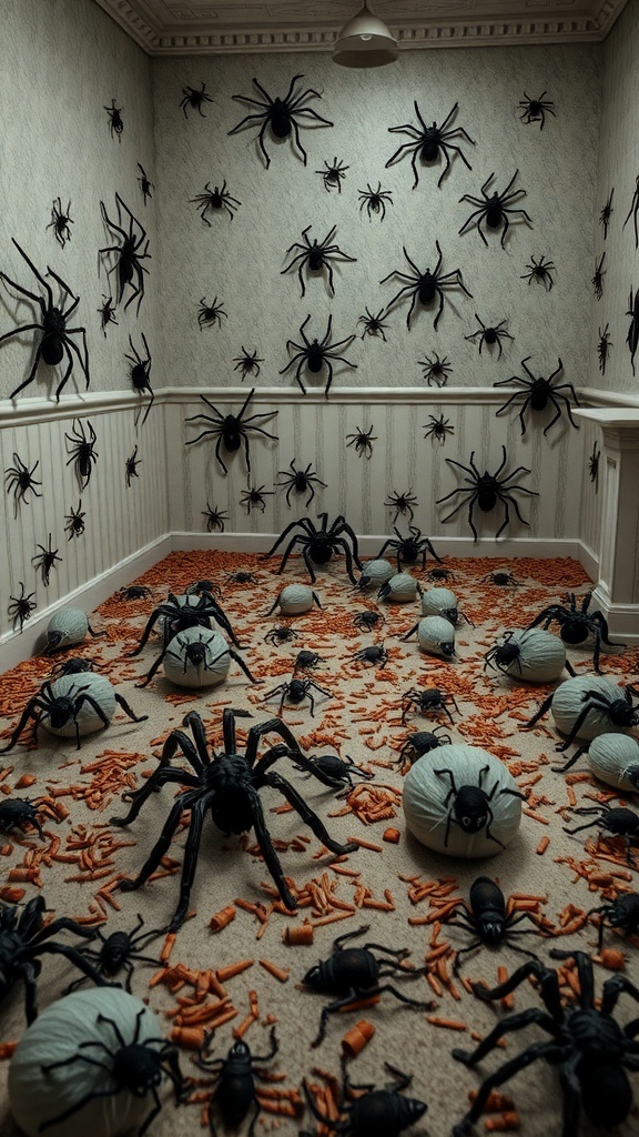 A Halloween-themed room filled with large black spiders on the walls and floor, creating a spooky atmosphere.