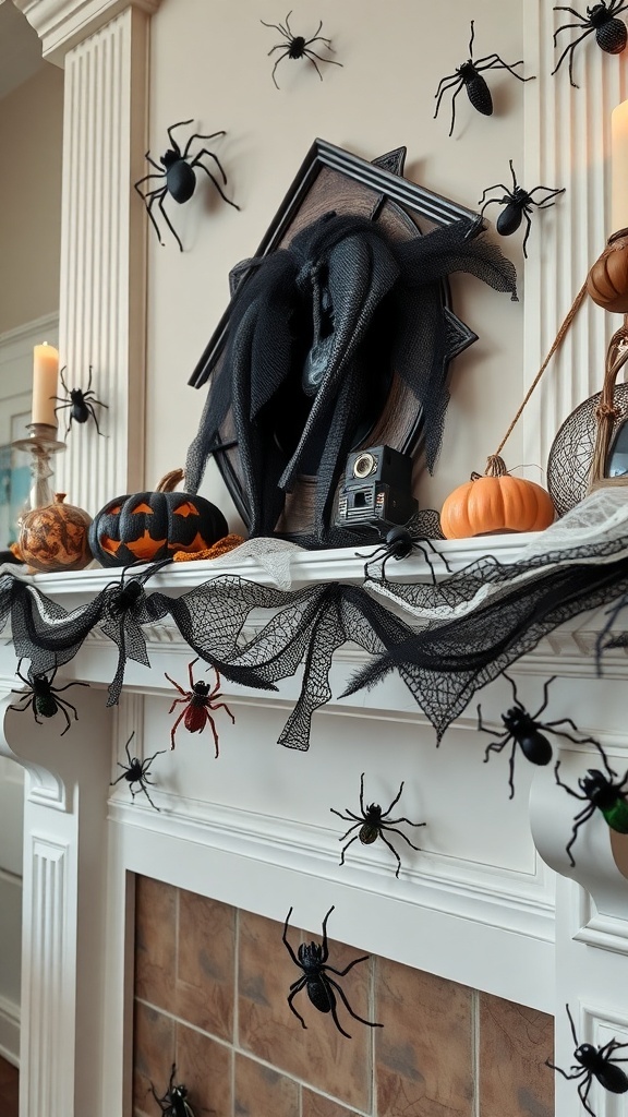 A Halloween decorated mantle with black lace, pumpkins, and faux spiders.